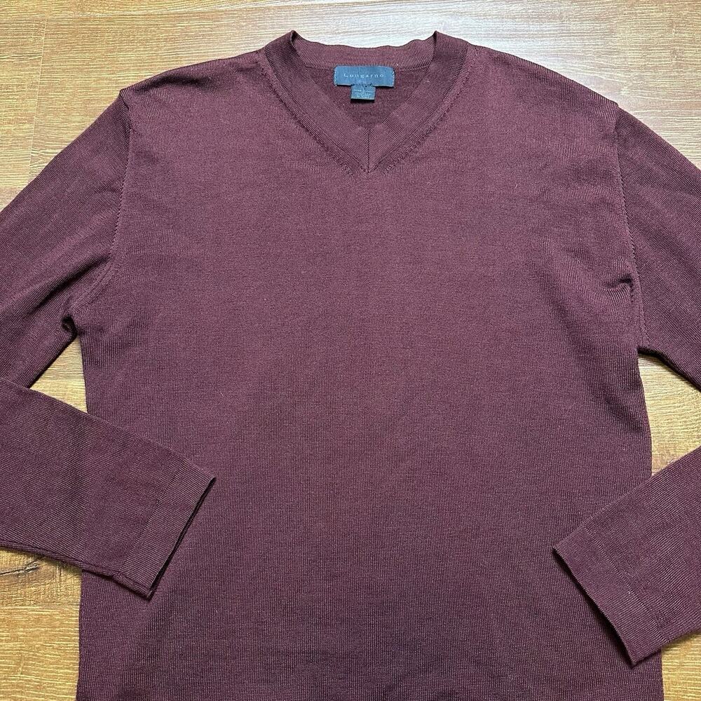 Lungarno Sweater Men L Burgundy V Neck 100% Extra Fine Merino Wool Italy Luxury